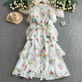 Fongt Court High-Grade Shattered Floral Dress Women Summer Horn Cuff Belt Thin Design Super Fairy Temperament Dress