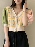 New 2022 Korean Fashion Puff Sleeve Color Blocking Cardigans Knitted Women Summer Elegant Lady Short Tops