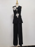 Fongt Sets Of 2025 Autumn And Winter New Sleeveless Nail Drill Flower Top High Waist Broad Leg Trousers Set Woman