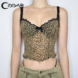 Retro Leopard Print Camis Vintage 2000s Bow Stitched Sleeveless Lace Strap Crop Top Women Summer See Through Mesh Tee y2k-Outfit