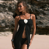 Fongt Spice Girls Small Mass Long Dress Flower Beach Set Solid Color Bikini Three-Piece Holiday Swimsuit