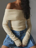 Women Spring Fall Knitted Sweaters Tops Solid Color Long Sleeve Off Shoulder Slash Neck Ribbed Slim Knitwear Jumpers-Outfit