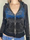 velvet hoodie with zipper and rhinestone