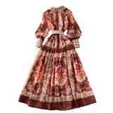 Fongt Court Print Flip Lantern Sleeves To Close Waist Single Buckle Dress Women Thin Elegant Long Dress