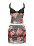 Retro Women Summer 2pcs/Set Sleeveless Strap V Neck Low Cut Camis Tops Elastic Waist Flower Print Mini Skirts Outfits-Outfit