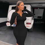 Ribbed Knitted Women Pure Midi Dress Solid Long Sleeve Buttons Bodycon Sexy Party Elegant 2021 Autumn Winter