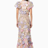 Fongt 2025 New Light Luxury Collar Embroidered Three-Dimensional Flower Bubble Sleeve Long Dress Bag Hip