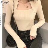 Fashion Korean Style Autumn U-neck Knitted Sweater Long Sleeve Slim Winter Tops Sexy Chic Pullover Female Jumper