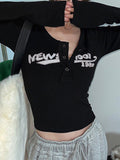 Black Long Sleeve Rib Crop Top with Letter