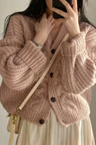 Solid V Neck Puff Sleeve Cable Knit Cardigan-Outfit