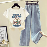 Women Summer Two Pieces Set Korean Casual Ruffles Lace Patchwork Letter Print Top And Wide Leg Denim Pants