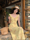 Fongt Xixi 2025 Summer New Korean Version Of High-Waisted Holiday Sling Dress V-Neck Print Pure Desire Skirt 88268