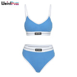 Puss Ribbed Letter Print Cotton 2 Piece Set Beach Style Bra Padded Top+Thong Matching High Quality Casual Vacation