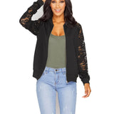 Sleeve Women Basic Coats Long Sleeve Lace Patchwork Transparent Zipper Casual Slim Jacket Coat Bomber Jacket