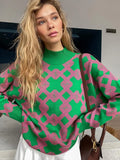 Oversize Women Sweater Pullover Half Collar Knitted Check Autumn Female Jumper Sweaters 2022 Geometric Long Sleeve