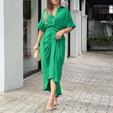 Fongt 2024 New Women's Dress With Waist Short Sleeve Single Breasted Solid Color Shirt