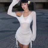 Fongt Spring And Summer New Sexy Fashion Wrinkle Hood Perspective Diagonal Collar Seaside Beach