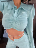 Drawstring Top Turn Down Folds Letter Embroidery Ladies Sexy Long Sleeve Waist Cute 2021 Autumn Basic Casual