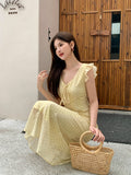 Fongt Xixi 2025 Summer New Korean Version Of High-Waisted Vacation Sleeveless Dress V-Neck Print Pure Desire Skirt 88275