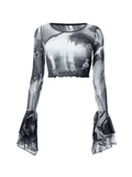Cropped Flare Cuffs Mesh Blouse-Outfit