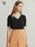 V-neck Women Shirt Bubble Sleeve Design Sense Solid Color Commute Chic Style Summer 2022 New Casual Female Blouses