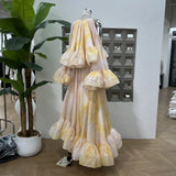 Spring Atmosphere Super Beautiful Age Reduction Lotus Leaf Side Dyed Shoulder Horn Long Sleeve Top + Irregular Long