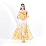 Fongt Spring New Holiday Style Printed Lotus Leaf Dress Women's Shoulder To Show Thin Spuny Chiffon Skirt