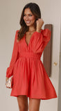 Fongt Years Of Fashion New Show Thin Deep V Close Waist Pleated Skirt Place Long Sleeve Dress 23039-Outfit