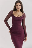 Burgundy Sheer Long Sleeve Bodycon Maxi Dress-Outfit
