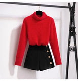 Winter white turtleneck thick warm sweater and shorts two piece set korean clothing set women knitted suits outfit