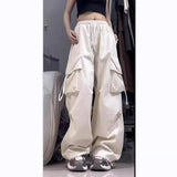 Fongt Speed Dry Cargo Pants Female Stereo Pocket High Waist Straight Tube Wide Leg Ribbon Loose Casual Floor