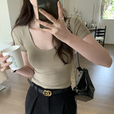 Version Of White U-Collar Slim Short-Sleeved T-Shirt Women's New Summer High-Waisted Slim And Thin