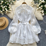 Fongt Dress Women's Neckline Bow Tie With Lantern Sleeve Lace Splicing Bright Face Chiffon Skirt Skirt Skirt