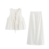 Fongt Women's ZA Summer New Fashion 100-Fold Cotton Shirt Skirt Set