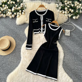 Fongt Fragrant Style High-End Set Of Women's Autumn Fashion Crash Round-Neck Long-Sleeved Knitted Shirt Sleeveless Vest Skirt