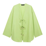 Fongt Summer New Women's Casual V-Neck Bow Tie And Suit Top Straight Trousers Set