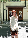 Fongt Xixi 2025 Autumn New White Standard Loose Long-Sleeved Hollow Wool Knitted Sweater Sweater Women 25333