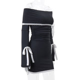 Black Long Sleeve Off-shoulder Bow Mini Dress-Outfit