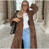Brown Suede Long Belt Trench Coat-Outfit
