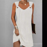 Fongt Spring And Summer Temperament Commuting Simple Pure Color Metal Button V-Neck Sleeveless Dress-Outfit