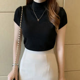 Knitted T-shirts Turnelneck Tees Plain Solid Knitted Short Sleeve Casual O-neck T-Shirts For Women 2020