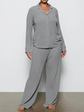 Long Sleeve Button Down Ribbed Knit Pajamas Set-Outfit