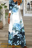 Short Sleeve Holiday Dress For Women Vintage Print V Neck Maxi Party Dress Elegant Ladies Loose Long Retro Dress