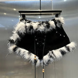 Low Waist Lace-up Fur Trim Shorts-Outfit