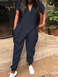 ZANZEA Fashion Summer Rompers Women Solid V Neck Long Jumpsuits Casual Loose Short Sleeve Overalls Harem Pants