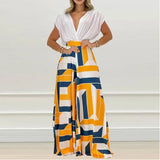 Fongt Women's Fall New Temperament V-Neck Print Wide-Leg Pants Fashion Casual Suit