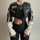 Fongt Cloth Forget Street Locomotive Wind Letter Print PU Leather Spliced Short Jacket Work Clothes Casual Leather Top