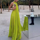 Fongt Women's New Women's Clothing Solid Color Round Neckless Sleeve Sexny Beach Long Dress 8099