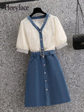 Women Lace Patchwork Denim Dresses Summer Short Sleeve V Neck High Waist A-line Dresses Korean Casual Women Dresses