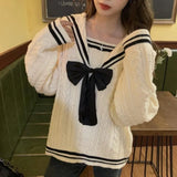 Korean Style Sailor Collar White Knitted Sweater Women Preppy Fashion Oversize Long Sleeve Jumper Pullover Female